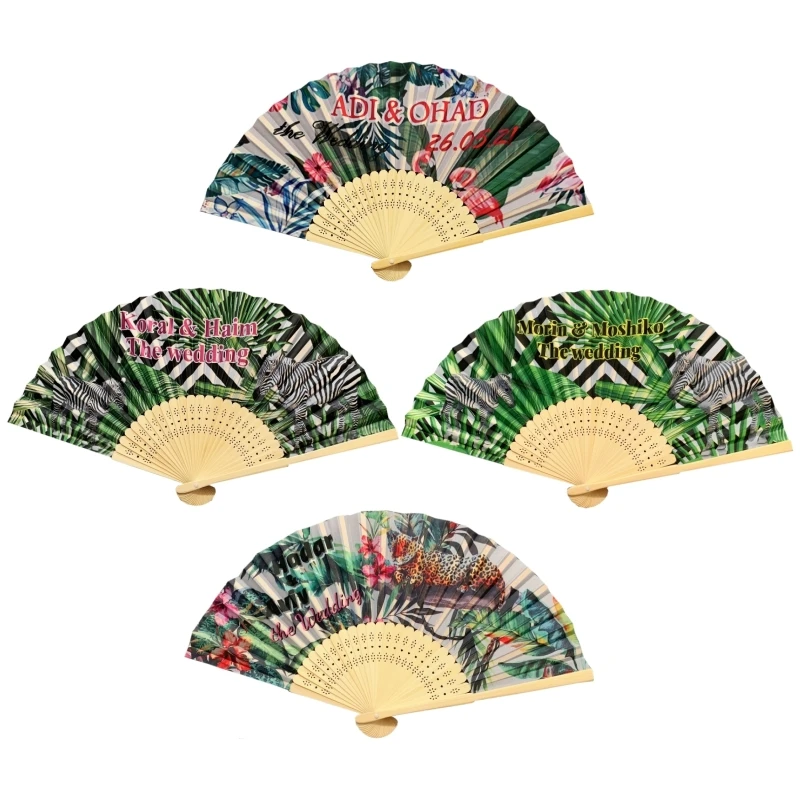 

150PCS Customized Silk Fabric Folding Fan With Personalized Design Printed Hand Held Wedding Gift Favor