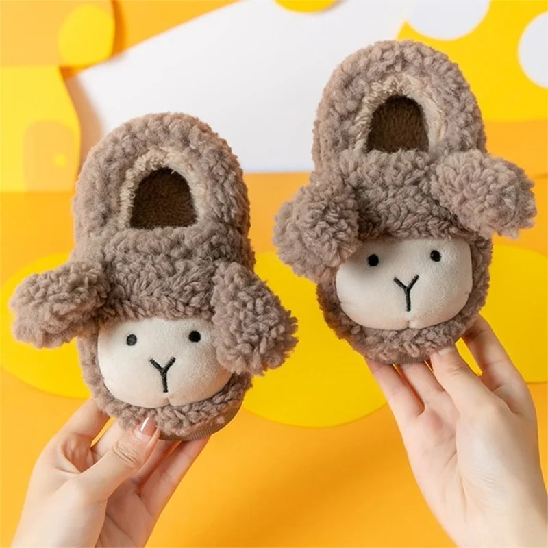 

2021 New Winter Home Slippers For Children Warm Plush Cute Cartoon Lamb Kids Shoes Non-slip Toddler Boys Girls Shoes