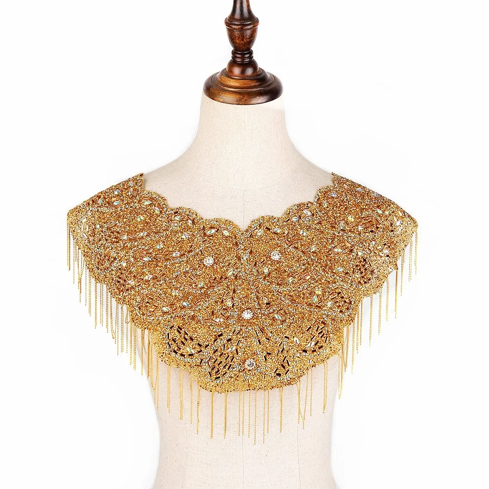 

Gold Wedding Crystal Rhinestone Collar With Tassels Appliques Neckline Fringe Trim Lace Diy Dress Accessories One Side Iron