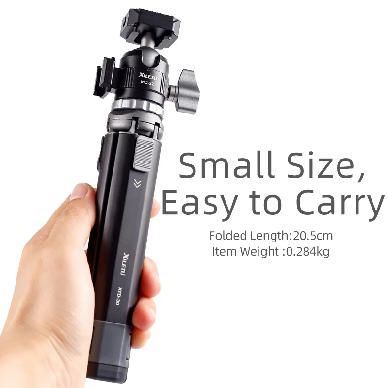XILETU XTD30-MC22 Telescopic Tripod Mini Double Cold Shoe Ball Head with 1/4 Screw Tripod Selfie Stick for SLR Mirrorless Camera