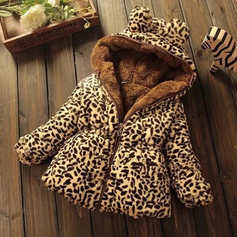 Winter full sleeve Leopard faux fox fur collar Children Girls coat Jacket Baby Girl Outerwear Hooded Infant Clothing Thick Warm