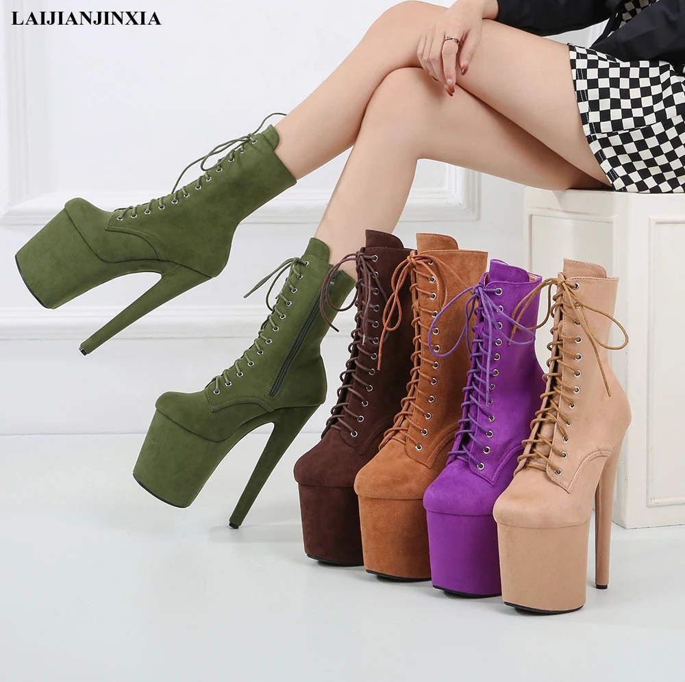 

New 8 Inches Super Stiletto Heels Flock Lace Up Low Tube Ankle Boots 20 CM Stripper Boots Pole Dancing Shoes Sexy Women's Boots