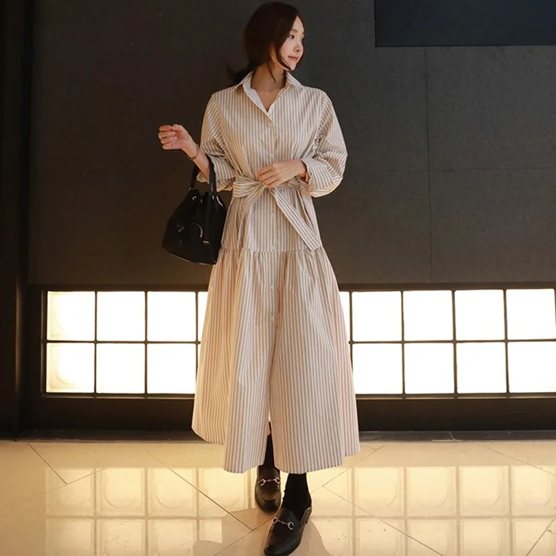 Women Striped Shirt Long Dress Slash Bow Up Korean Fashion Female Long Section Asymmetry Dress Autumn Spring