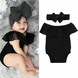 2020 Sweet Black Bodysuit 2pcs Newborn Baby Girl Clothes Off Shoulder Lace Ruffle Jumpsuit Playsuit+Headband Summer Outfit