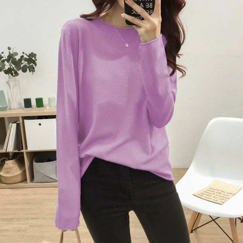 Suéter de cuello redondo para mujer, jersey de manga larga, tops ajustados de punto de Color sólido, Tops de fondo para mujer