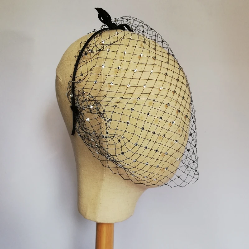 Velo de jaula de pájaros negros, velo de novia con diamantes de imitación blancos, lazo, colorete, velos de gasa, Bola de Mascarada, despedida de soltera, fascinador de gatsby