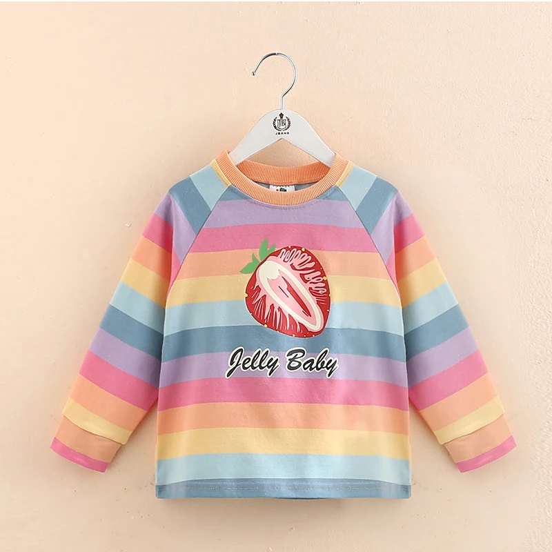 2024 Spring Autumn New 2 3 4 6 8 10 Years Children Cotton Cartoon Long Sleeve Colorful Stripe Baby Kids Girls Basic T-Shirt