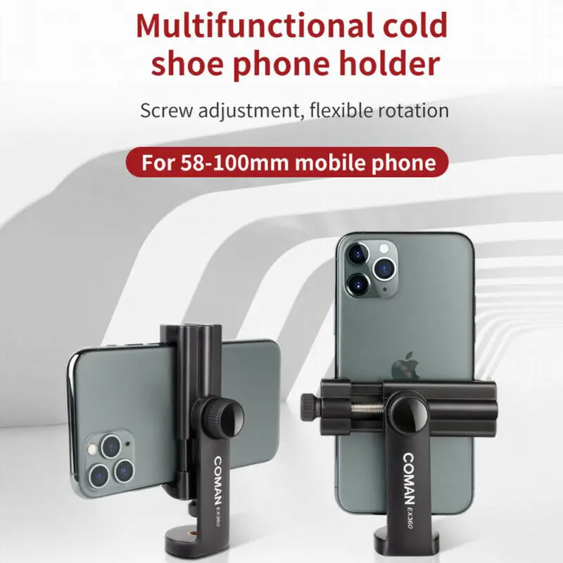 Coman Phone Holder 360 Degree Rotation Multi-Function Cold Shoe Phone Clip Holder with 1/4 Screw Hole for Mobile Phone