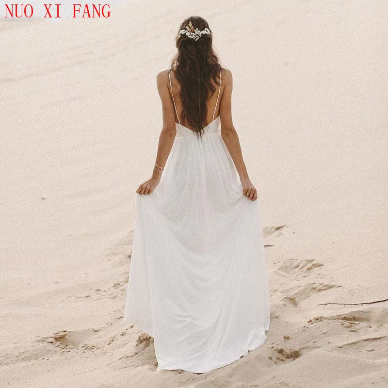 Cheap Beach Sexy V Neck Open Back Wedding Dress Spaghetti Strap Boho Bridal Dresses 2022 Chiffon High Split Lace Wedding Gowns