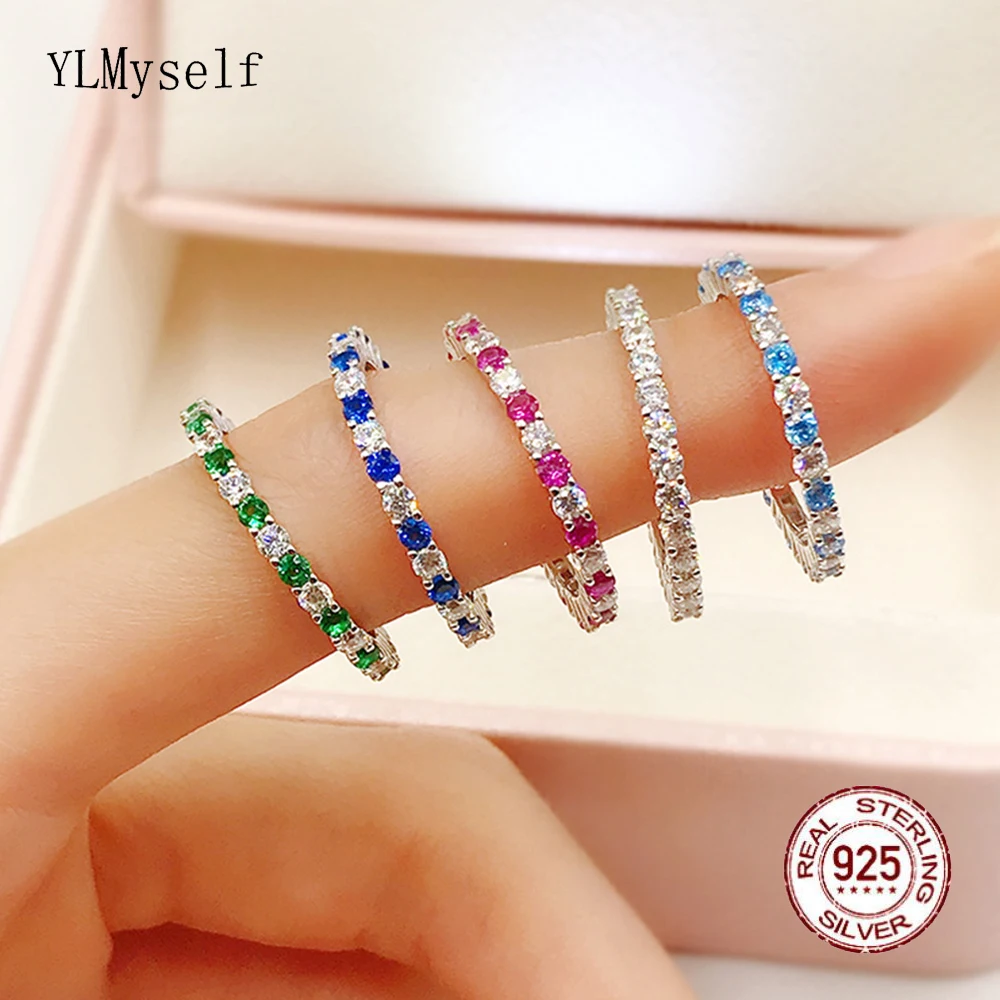 Real Silver Ring Pave Full 2 mm White/Sapphire/Blue/Topaz/Green/Ruby Zircon, Size 5-10 Cute 925 Fine Jewelry For Women