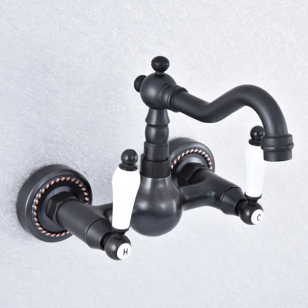 

Oil Rubbed Bronze Dual Handles Bathroom Kitchen Sink Faucets Wall Mounted Swivel Spout Two Holes Kitchen Mixer Taps Nsf716