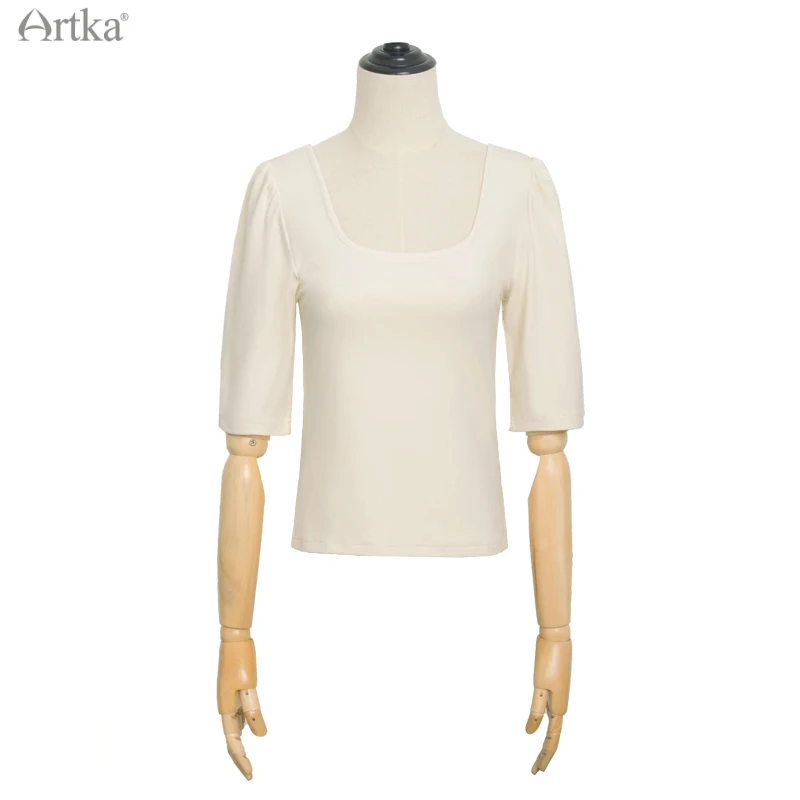 ARTKA 2021 Summer New Women T-shirt Elegant Retro Square Collar Soft T-shirt Back Pearl Necklace Short Sleeve T-shirts TA28013X