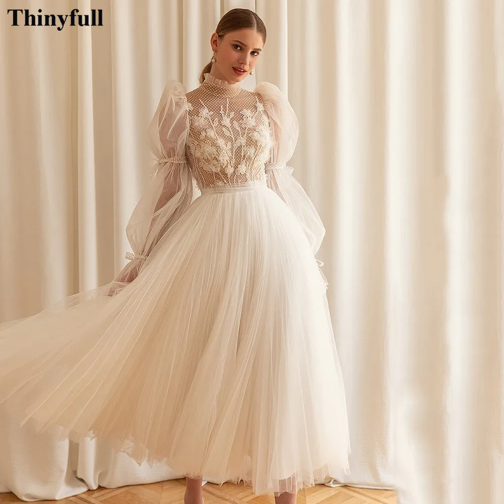 

Thinyfull Polka Dots Tulle Midi Wedding Party Dresses Long Sleeves Flowers Bridal Gowns High Neck Tea-Length Bride Wedding Gowns