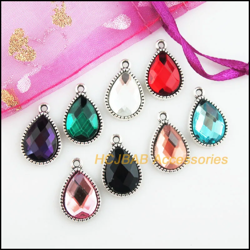 16Pcs Tibetan Silver Tone Retro Teardrop Mixed Crystal Charms Pendants 13x19.5mm