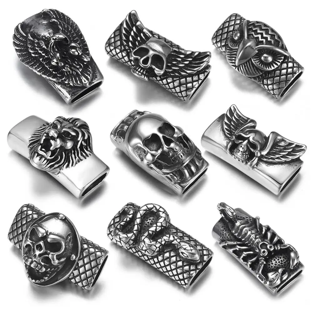 Stainless Steel Punk Slider Beads Skull Viking Slide Charms Fit 12*6mm Leather Cord Bracelet DIY Men Jewelry Making Accesso