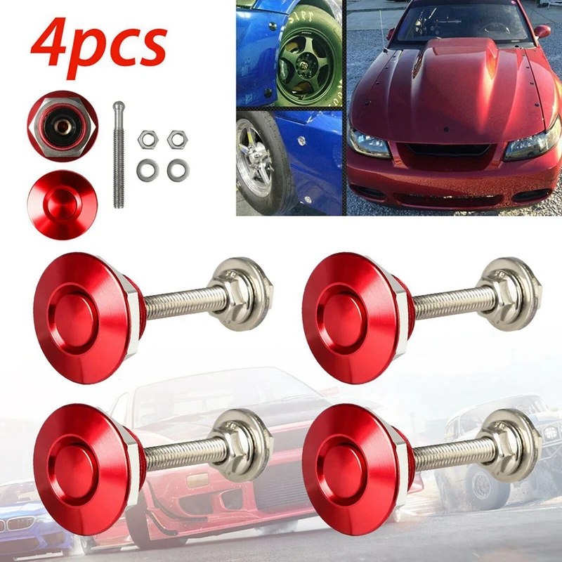 2 Set Quick Release Push Hood Latch Button Car Pin Bonnet Lock Bumper Clip Latches Silver & Red