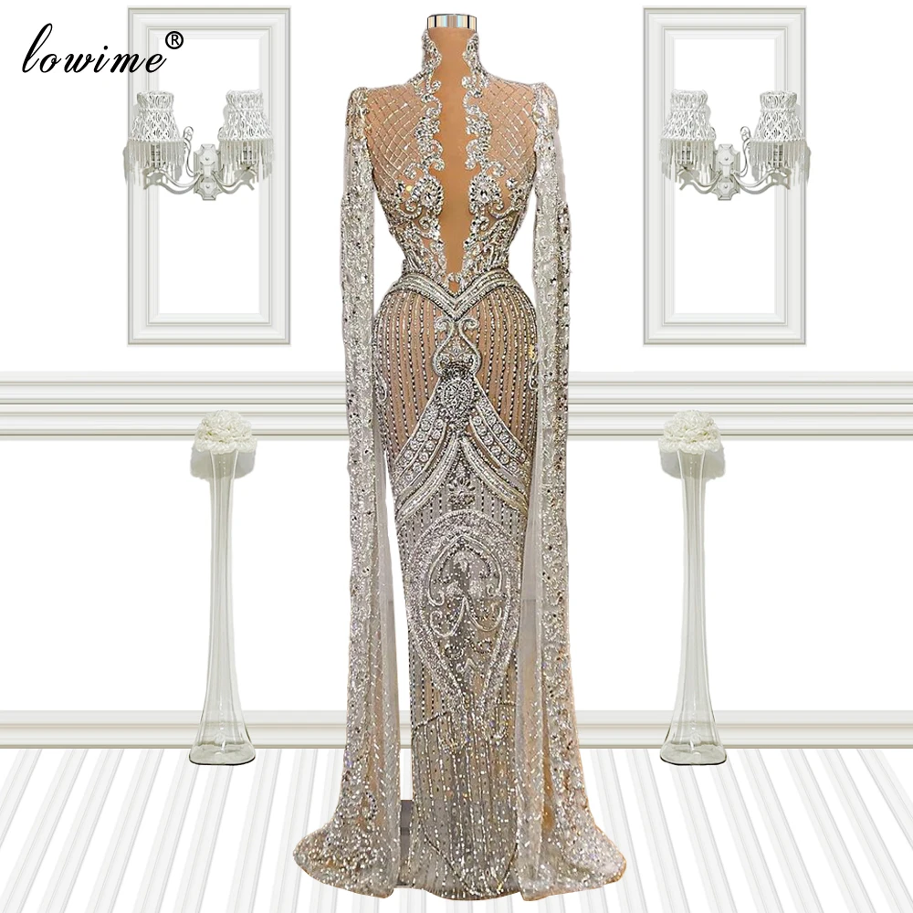 Muslim Silver Heavy Handmade Evening Dresses Long Sleeves Mermaid Evening Gowns Luxury Crystals Prom Dresses For Women Party