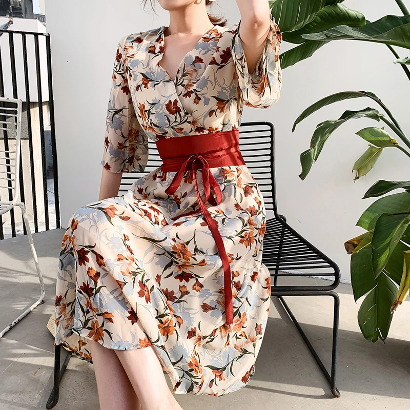 

QOERLIN Lace-Up Floral Dress Women Summer Half Sleeve Chic V-Neck A-Line Printed Dresses Female 2021 Summer Mid Length Vestidos