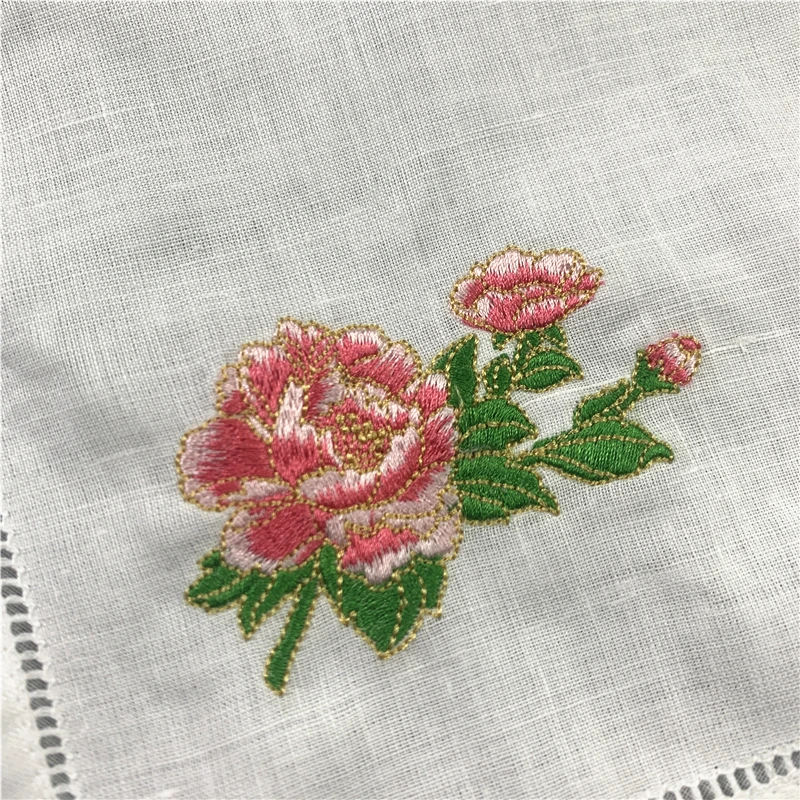 Set of 12 Handkerchiefs White Pure Ramie Cloth Fabric Table Napkins Hemstitched Border Embroidery Floral 18x18/20x20-inch Napkin