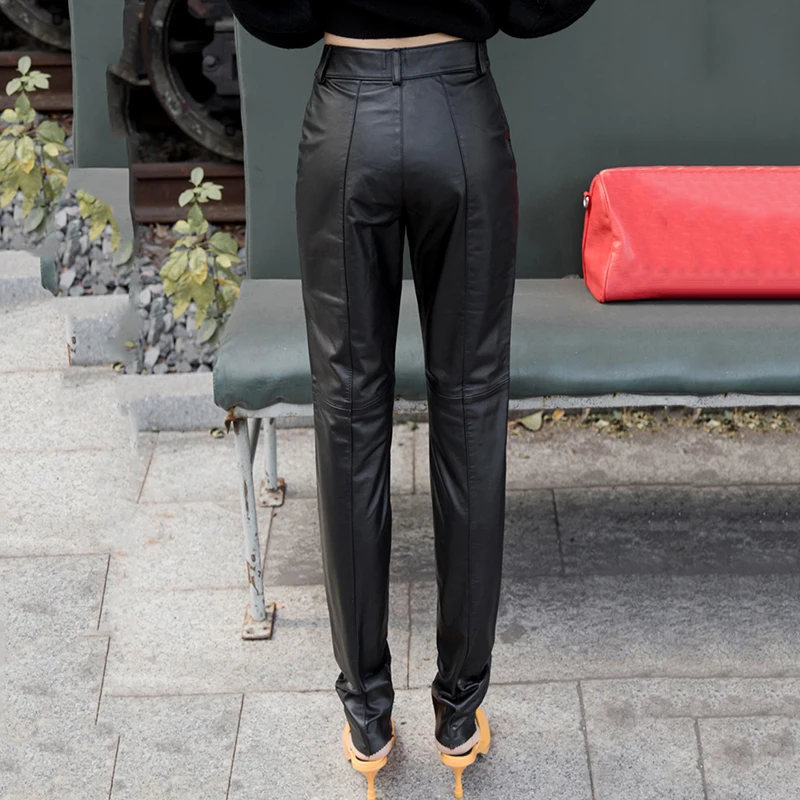 New Plus Size S-4XL Women Slim Real Leather Buckle Quality Cowhide Motorcycle Trousers High Waist Full Length Pencil Pants