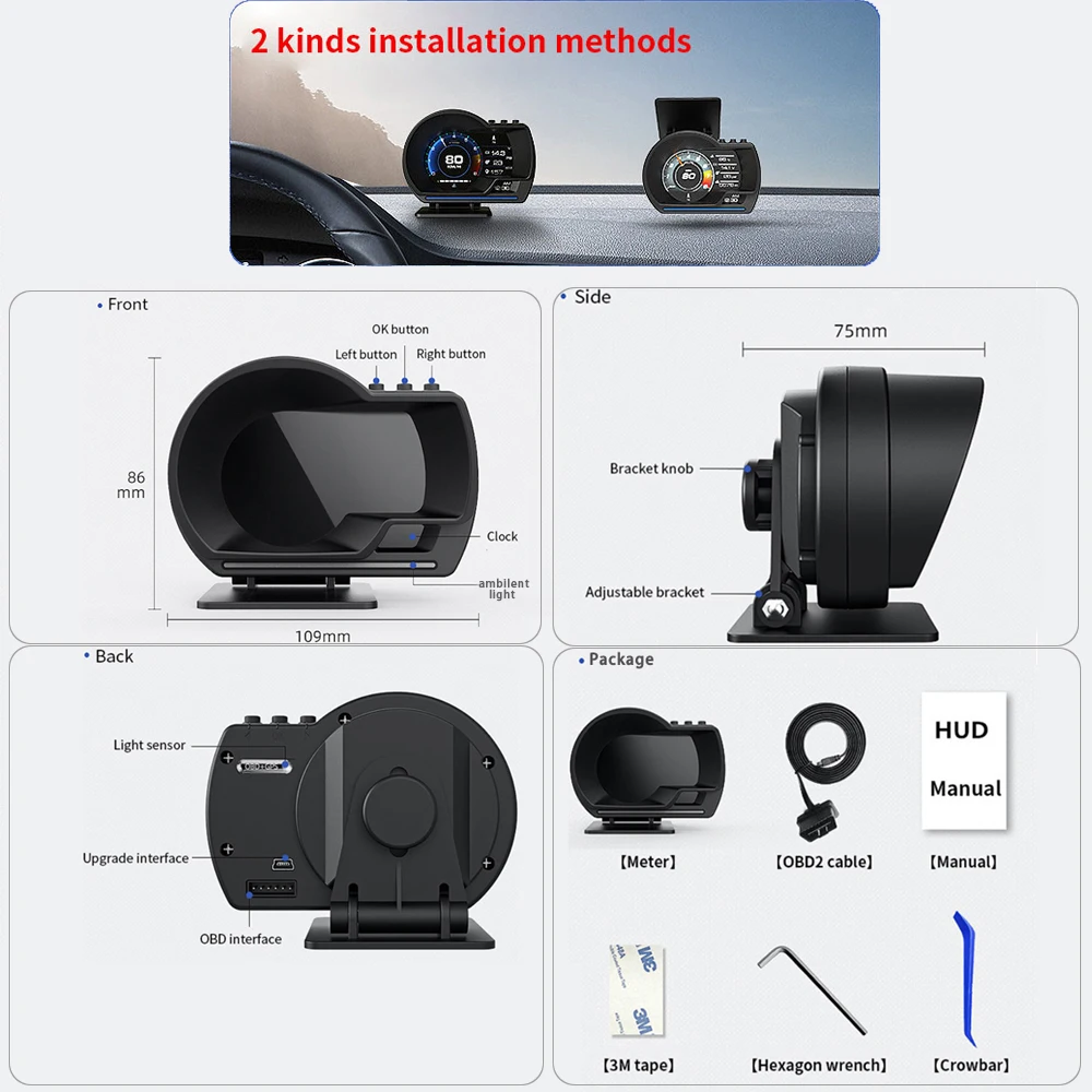 Vjoycar V60 Newest On-board Computer HUD OBD2 Head Up Display GPS Speedometer 9 interface display Turbo Coolant Temp OBD Scanner