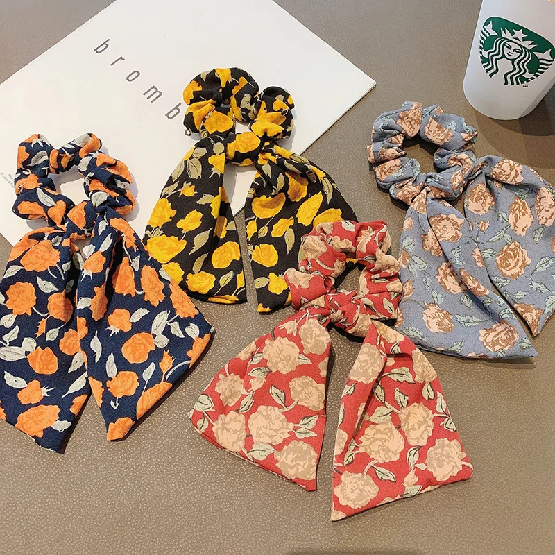 Women Elastic Hair Bands Floral Printing Long Scarf Scrunchie Korean Fashion Hair Accessories For Girls Ties Bow Ribbon Headwear