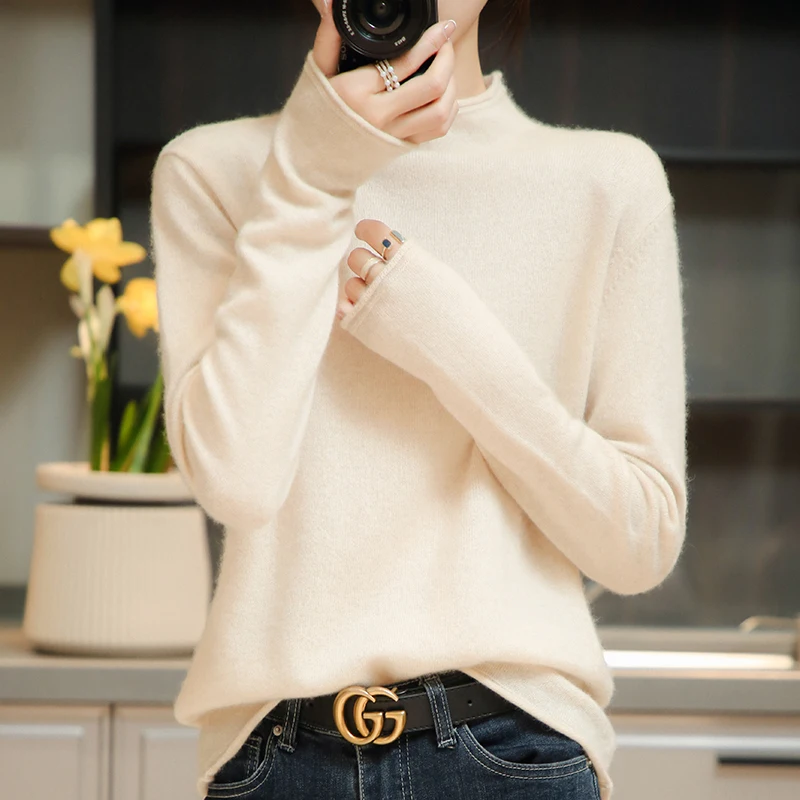 2021 Women's Autumn And Winter New High-Neck Loose Knit Bottoming Sweater, 100 Pure Wool Fashion And Elegant Casual Pullover Top