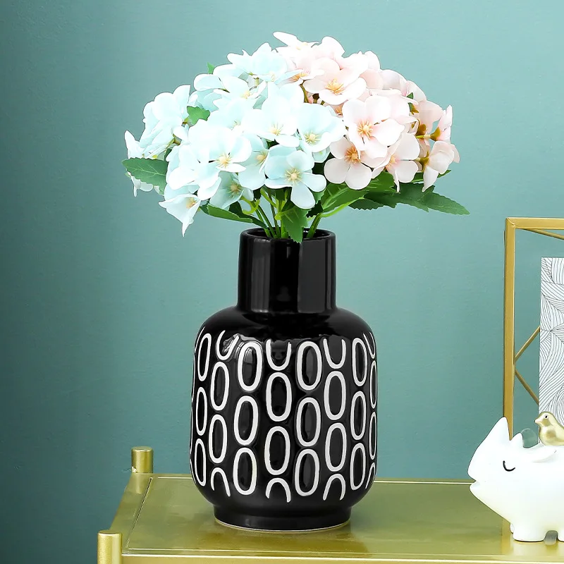 

Black White Pattern Large Vase Desktop High Vase Home Decoration Crafts Retro Ceramic Flower Arrangement Hotel Table Soft Decor