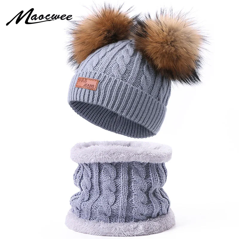 

New Knitted Winter Hat Scarf Set With Double Real Fur Pompon For Children Warm Beanie Ring Scarf With Lining For Girls And Boys