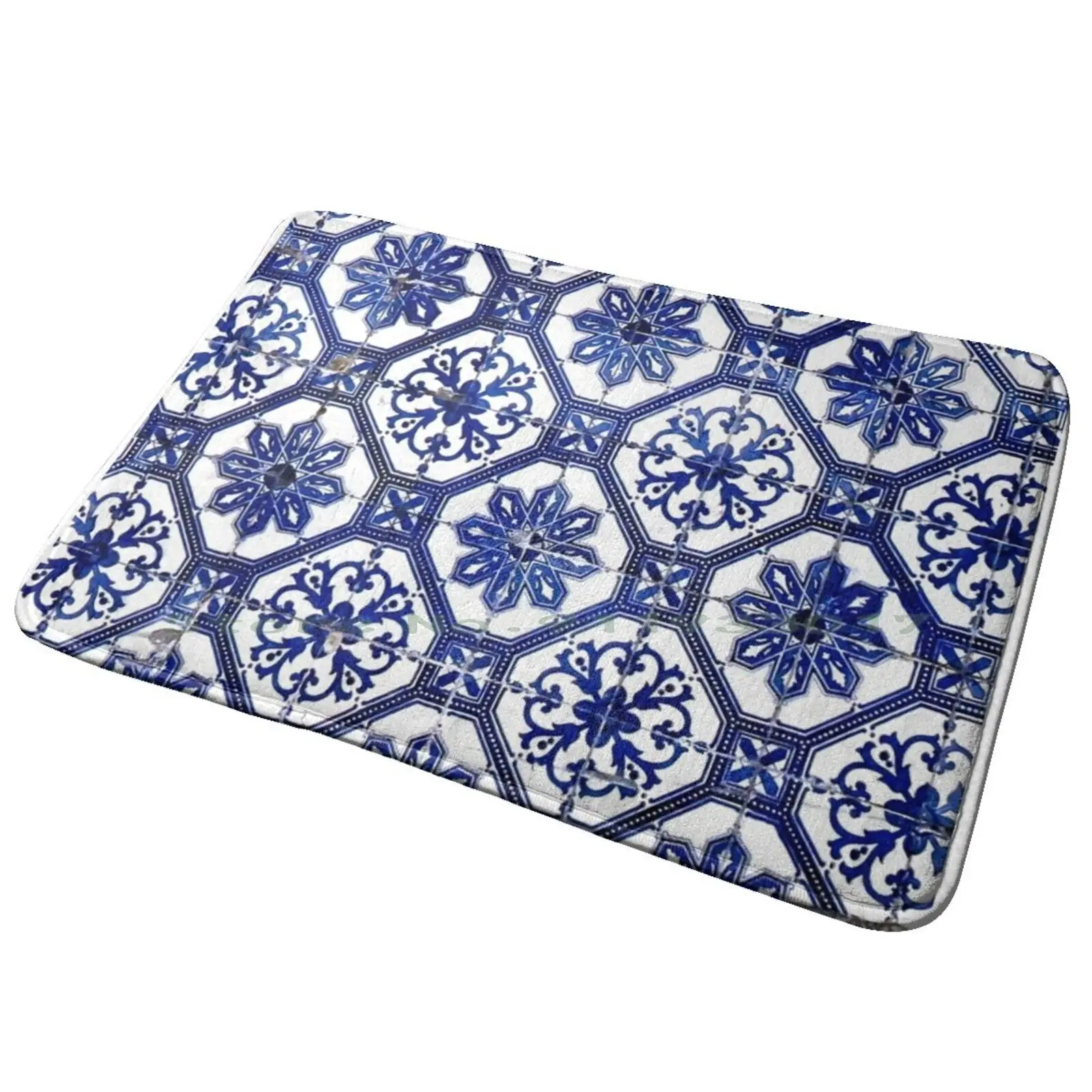 Blue And White Portuguese Tile Entrance Door Mat Bath Mat Rug Blue White Tile Portuguese Europe Portugal Pattern Flowers