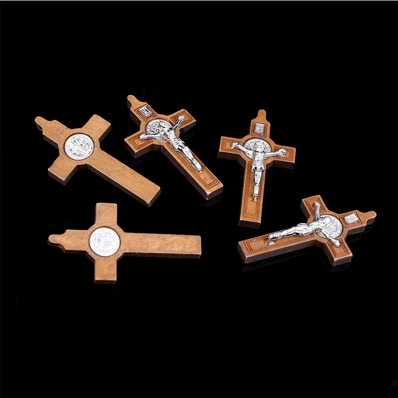 5 Pieces / St. Benedict Wooden Cross Medal Old Wooden Medal Rosary Cross Necklace Vintage Catholic Jesus Jewelry