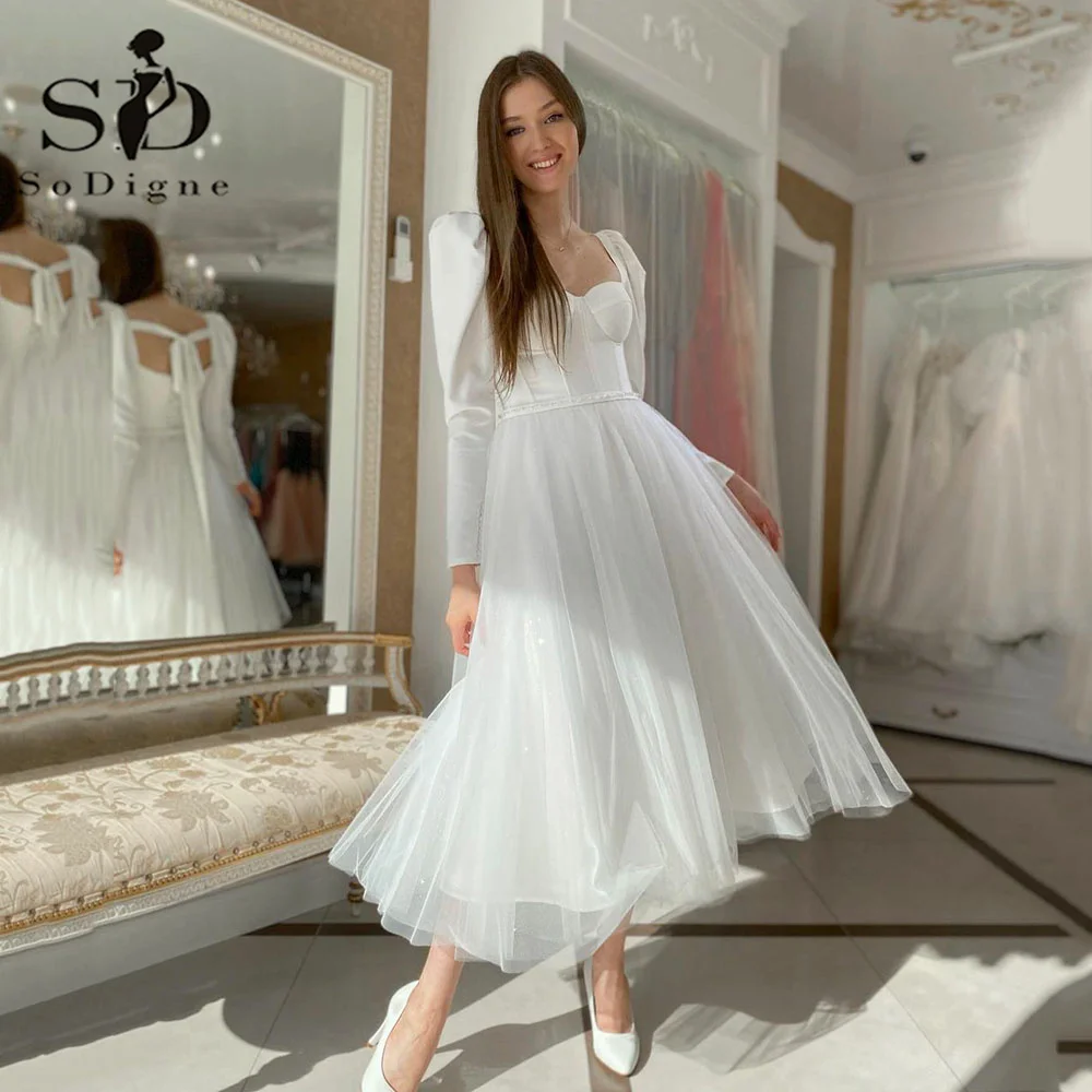 SoDigne Simple African Country Plus Size Wedding Dresses 2022 Long Sleeves Tea Length Bride Dresses Satin Tulle Bridal Gowns