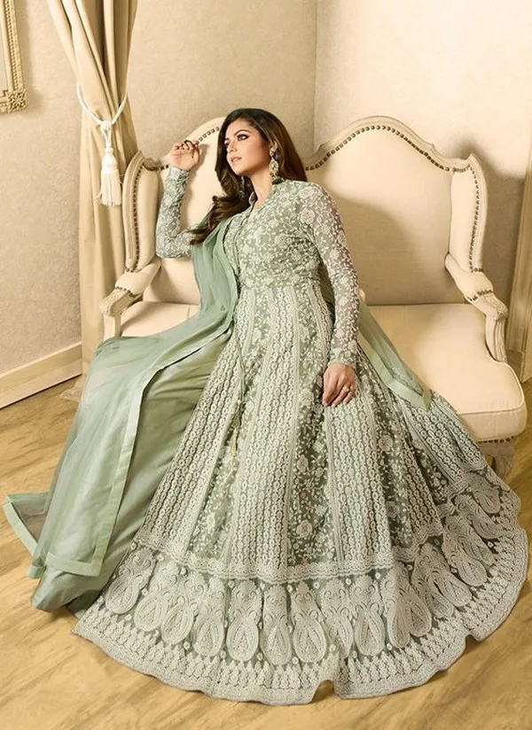 mint green Pakistani prom Dress Embroidery Anarkali Gown lace applique long sleeve caftan kaftan Bollywood Party evening gown