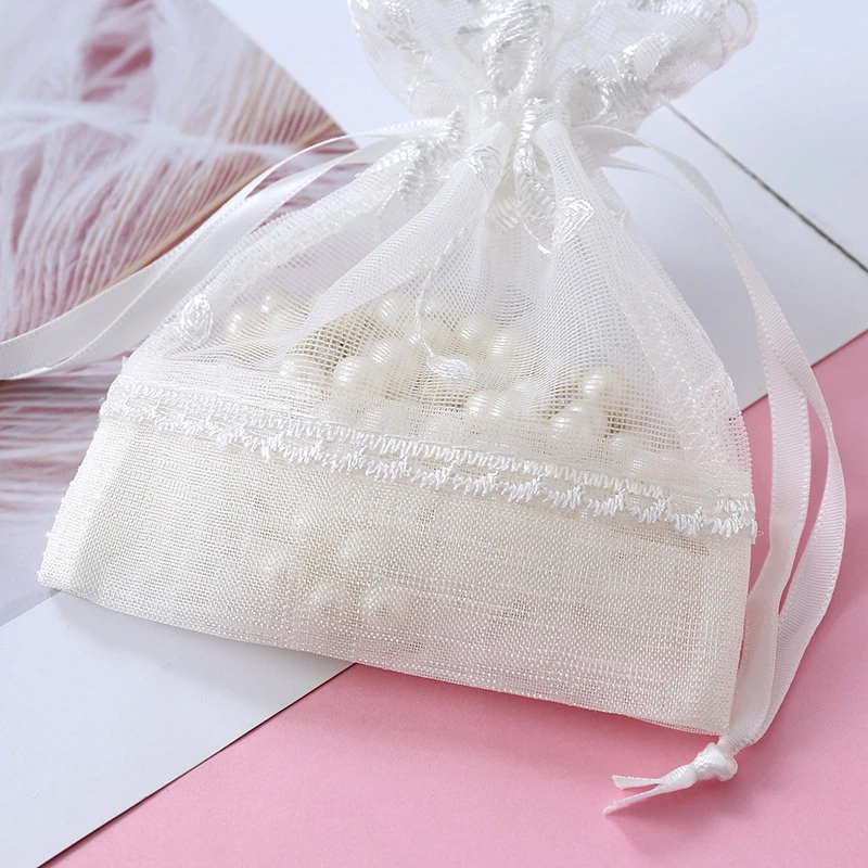 New 10X14CM Five Petal Flower White Lace Yarn Bag Folded Bottom Jewelry Drawstring Bag Creative Gift Slub Yarn Drawstring Pocket