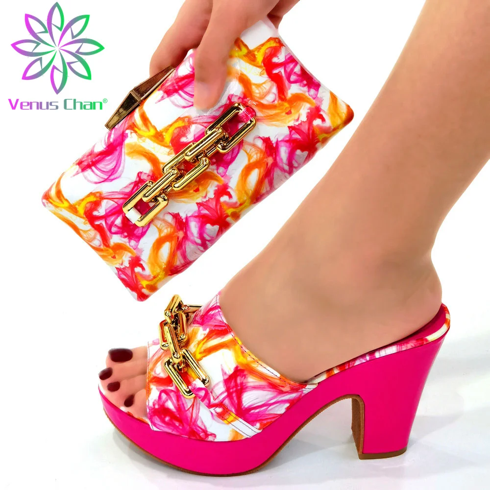 

Comfortable Heels Sandals in Fuchsia Color Italian Women Design Shoes Matching Bag for Garden Party with Platform for Dress