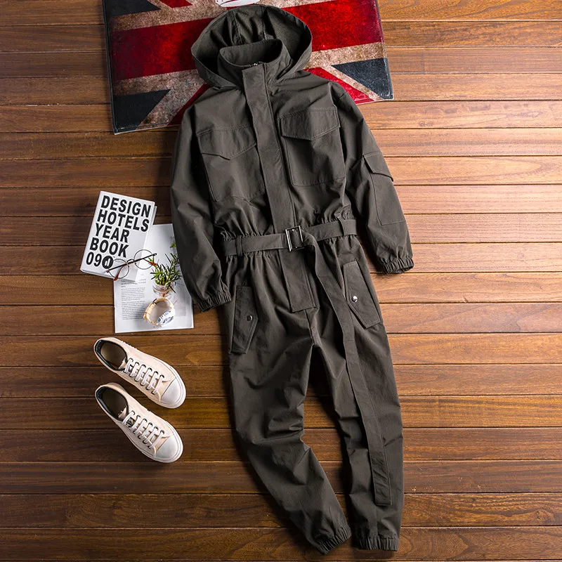 Summer New Men Jumpsuit Hooded Long Sleeve Multi-Pocket Beam Feet Overalls Streetwear Clothing Hip Hop Cargo Pants