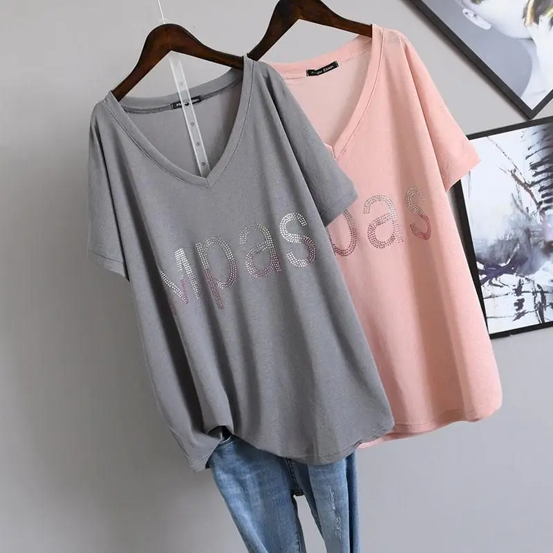 2024 Summer New Womens T-shirt Korean Loose Oversized T-shirt Large Size Diamond V-neck Covering Belly Short Sleeve Tshirt Women