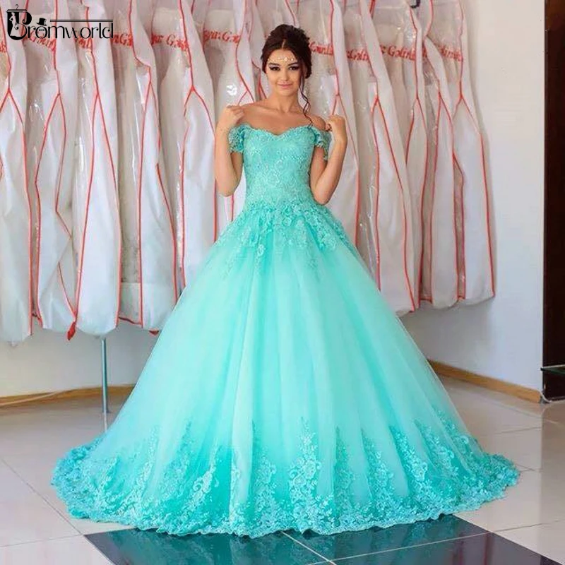 

Turquoise Quinceanera Dresses Tulle Off The Shoulder Appliques Lace Ball Gown Puffy Prom Dress Vestido De Baile 15 Anos