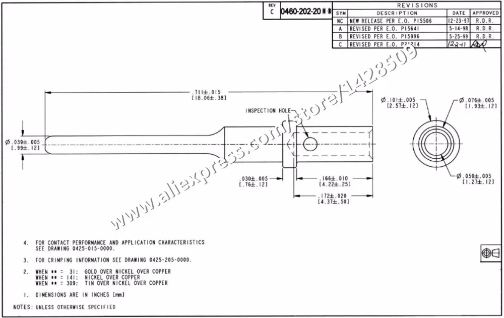 DTM 0460-202-2031 0462-201-2031 Gold Plated  Solid Terminal Size 20 AWG Deutsch Pin Female Male