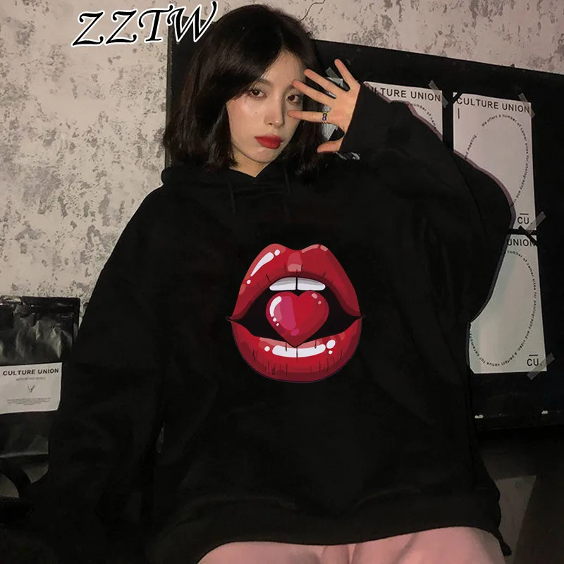 

Red Mouth Lip Kiss Sweatshirt Women Hoodies Long-sleeved Hoody Autumn Winter Hooded aesthetic Streetwear Female aesthetic Coat