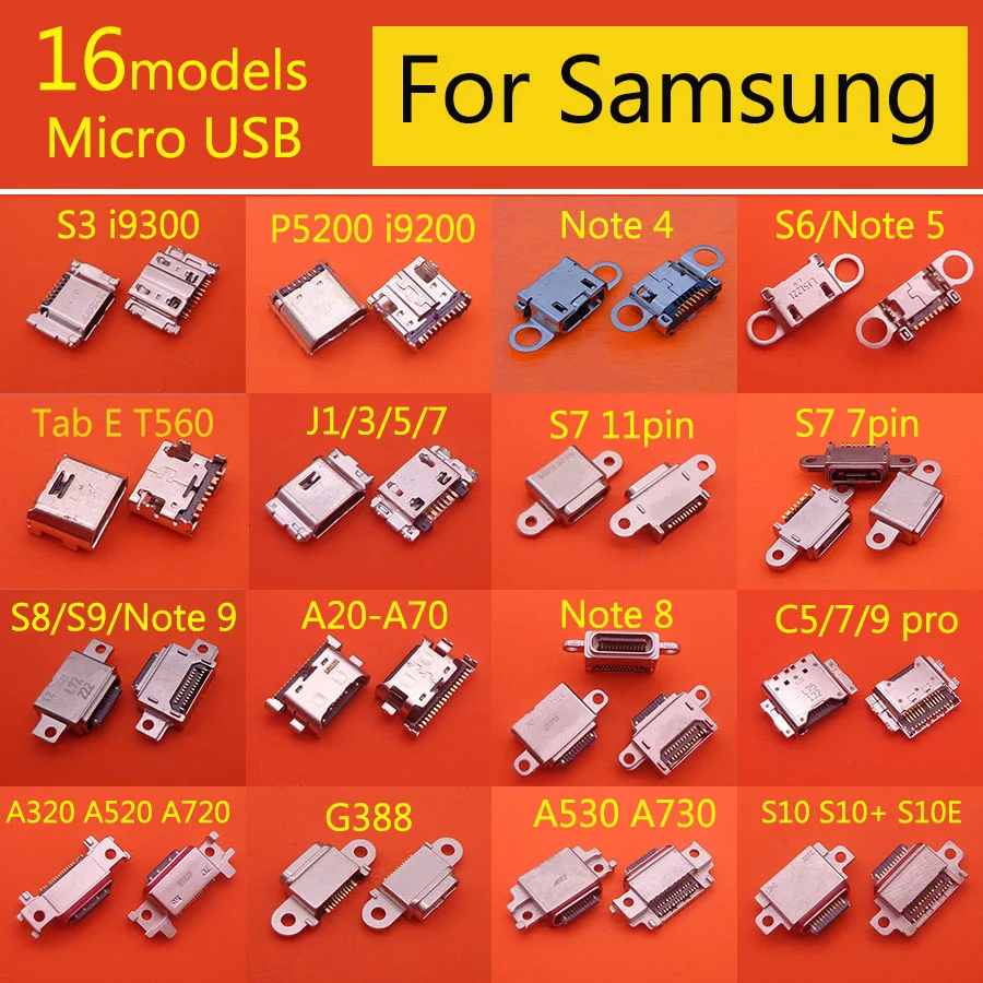 16models 16-80pcs Charging Port For Samsung Galaxy S3 Note 4 5 8 9 S6 edge S7 S8 S9 S10 Plus Micro USB Connector Jack Socket