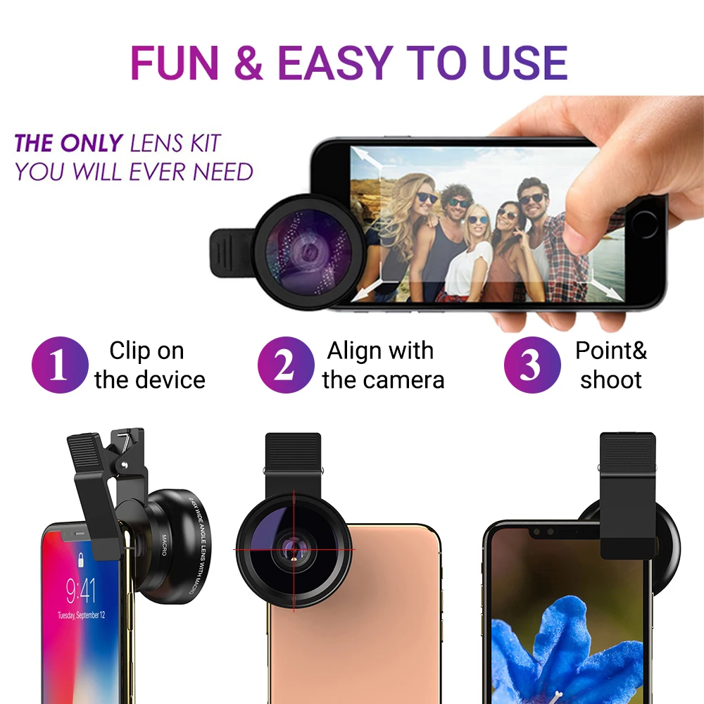 APEXEL 2 in 1 Phone Camera Lens kit 0.45x  Wide Angle & 12.5x  Macro Lens HD Camera Lentes for iphone ios android smartphones