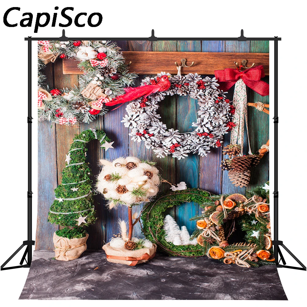 Capisco background for photo studio christmas tree wooden wreath red berries backdrop professional photocall printed