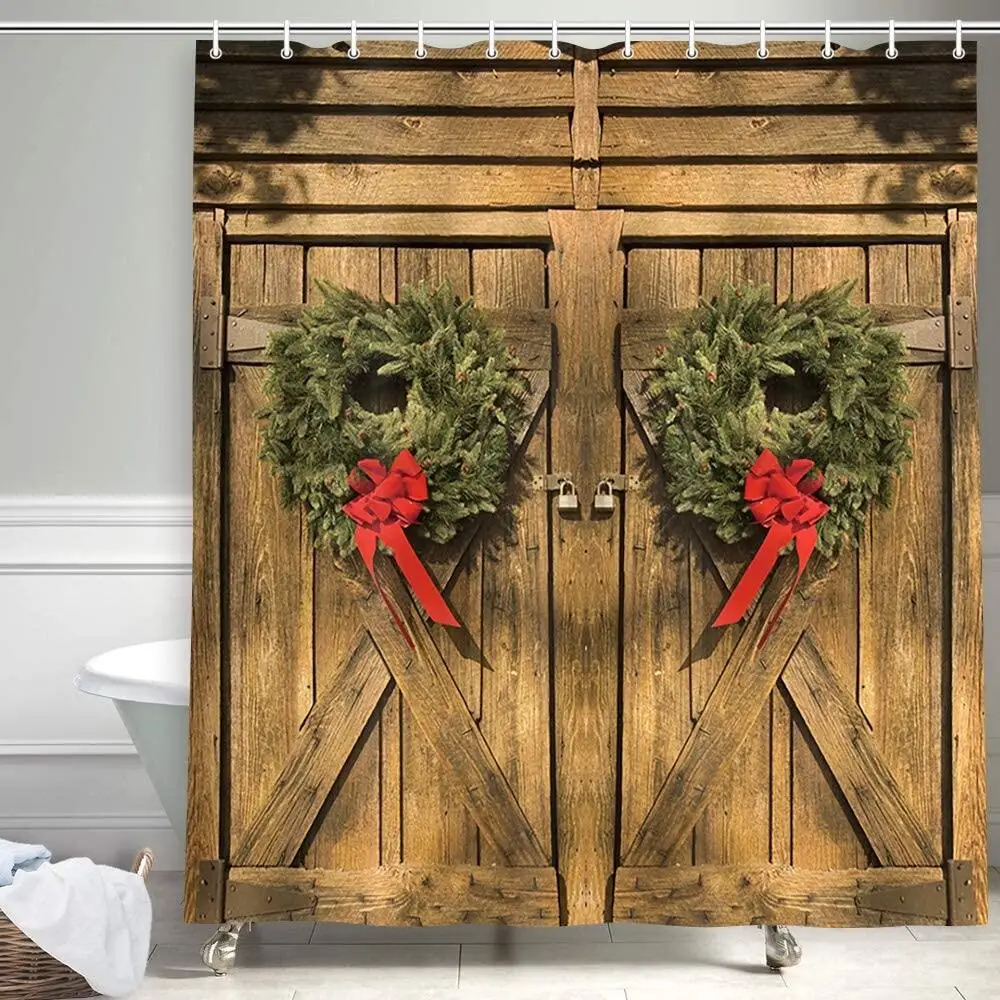 

Farmhouse Decor Christmas Shower Curtains,Xmas Wreath on Rustic Retro Wooden Barn Door for Farm New Year Fabric Bathroom Curtain