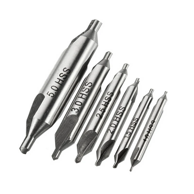 6pcs HSS Combinata Centro Trapani Svasatori 60 Gradi Angolo Bit Set 1.0 millimetri 1.5 millimetri 2.0 millimetri 2.5 millimetri 3.5 millimetri 5 millimetri di Metallo Punta del trapano 4.7