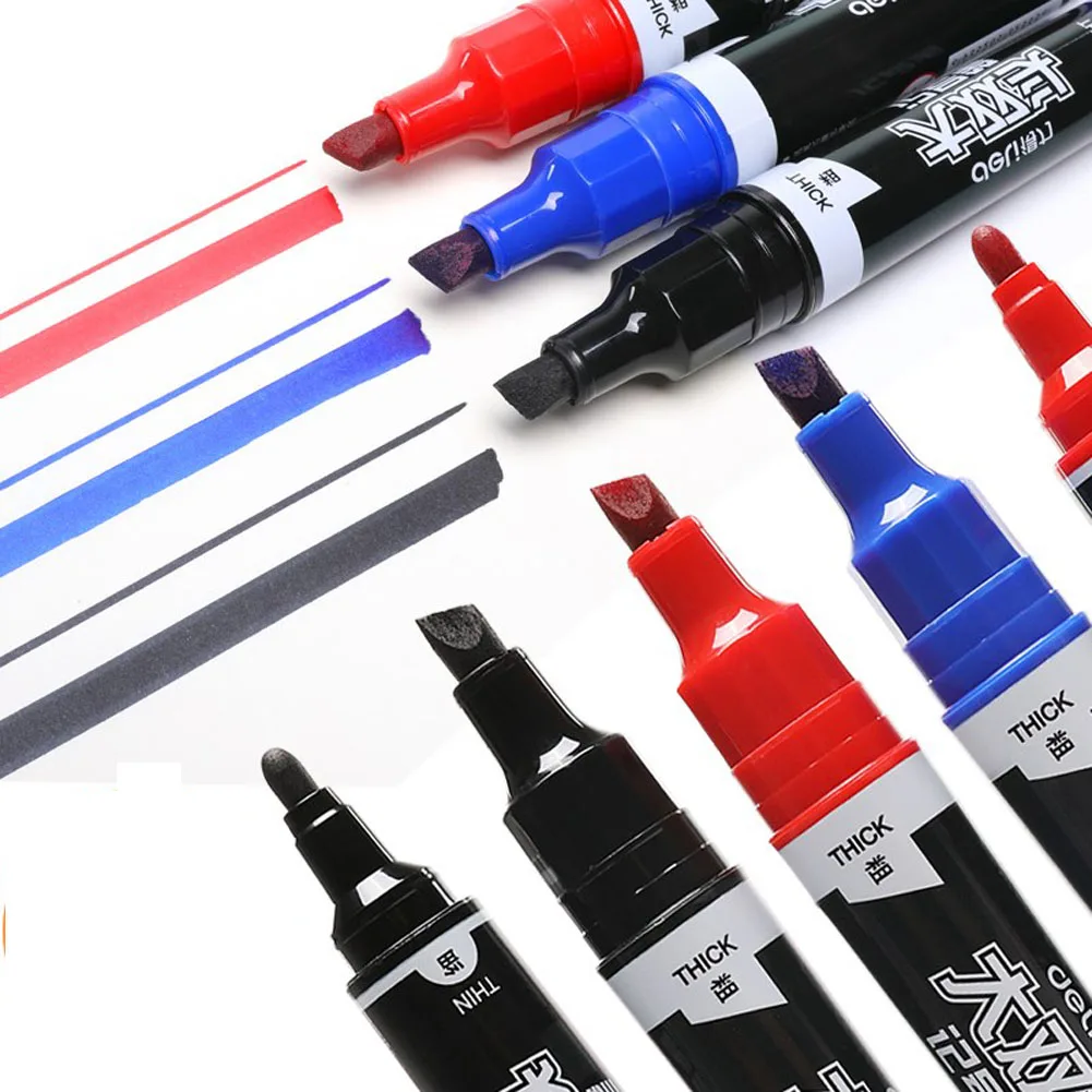 10 Pc/Box  Abrasion resistant Waterproof Bullet & Chisel Tip Two-Tipped Permanent Marker of Blue & Red & Black