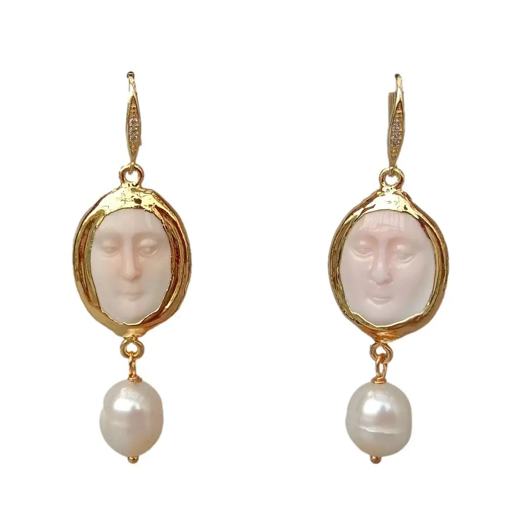 Y·YING Pink sea shell Facial Cultured White Rice Pearl Dangle Hook Earrings religious style for women