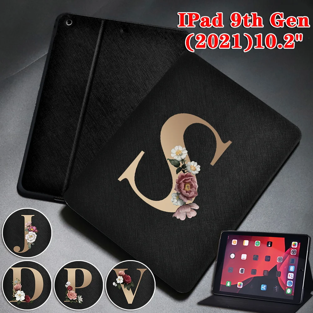 

Case for IPad 9 10.2 2021 PU Leather Golden Flower Letter Pattern Case for IPad 9th Generation Folding Stand Tablet Cover