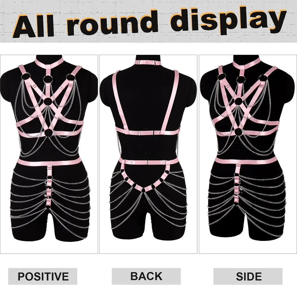 

Pink Bondage Harness Bra Fashion Sexy Cage Metal Chain Accessories Strappy Lingerie Set Punk Gothic Dance Festival Rave Wear