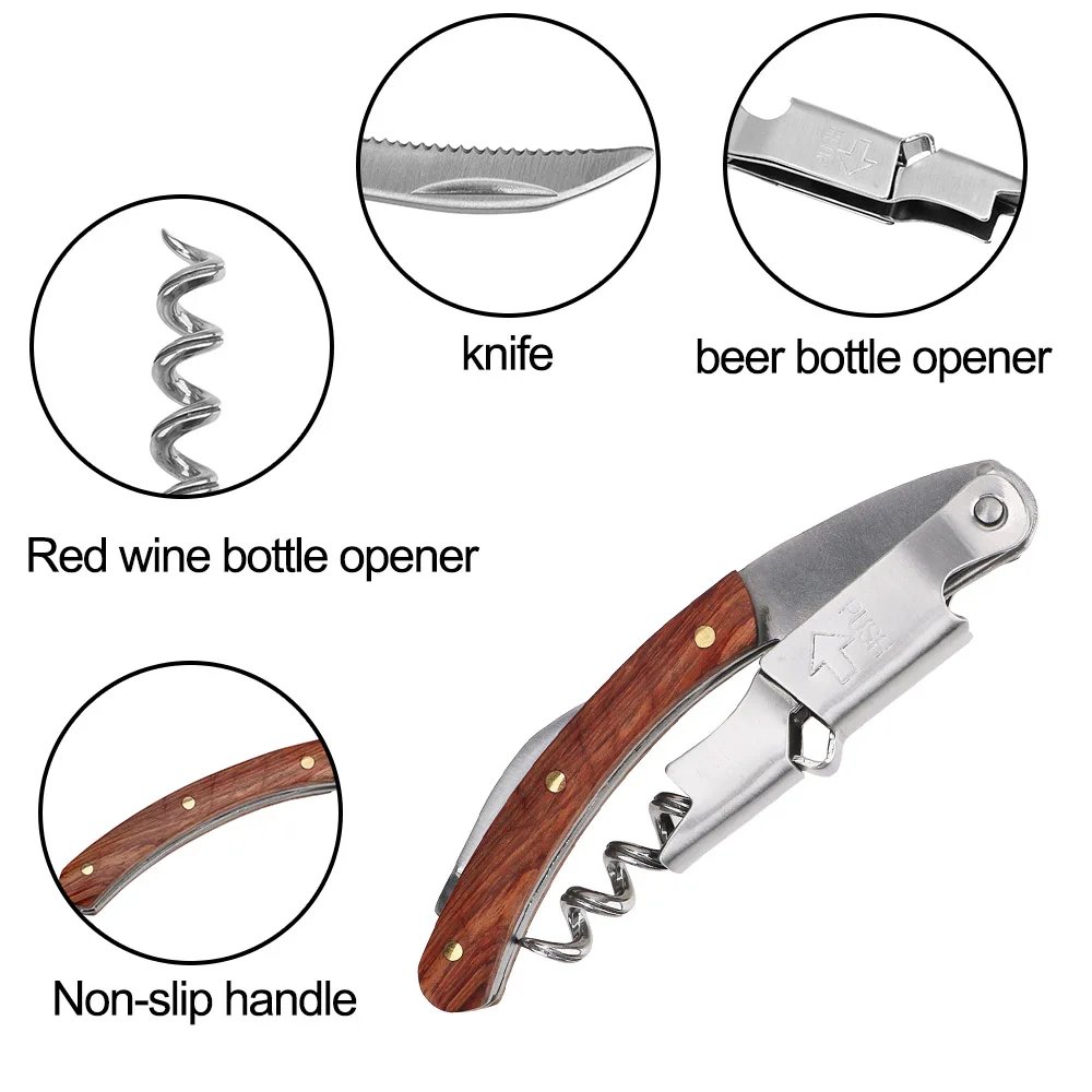 NICEYARD Multifunction Wine Opener Professional Bottle Opener with Knife Portable Wooden Handle Screw Corkscrew